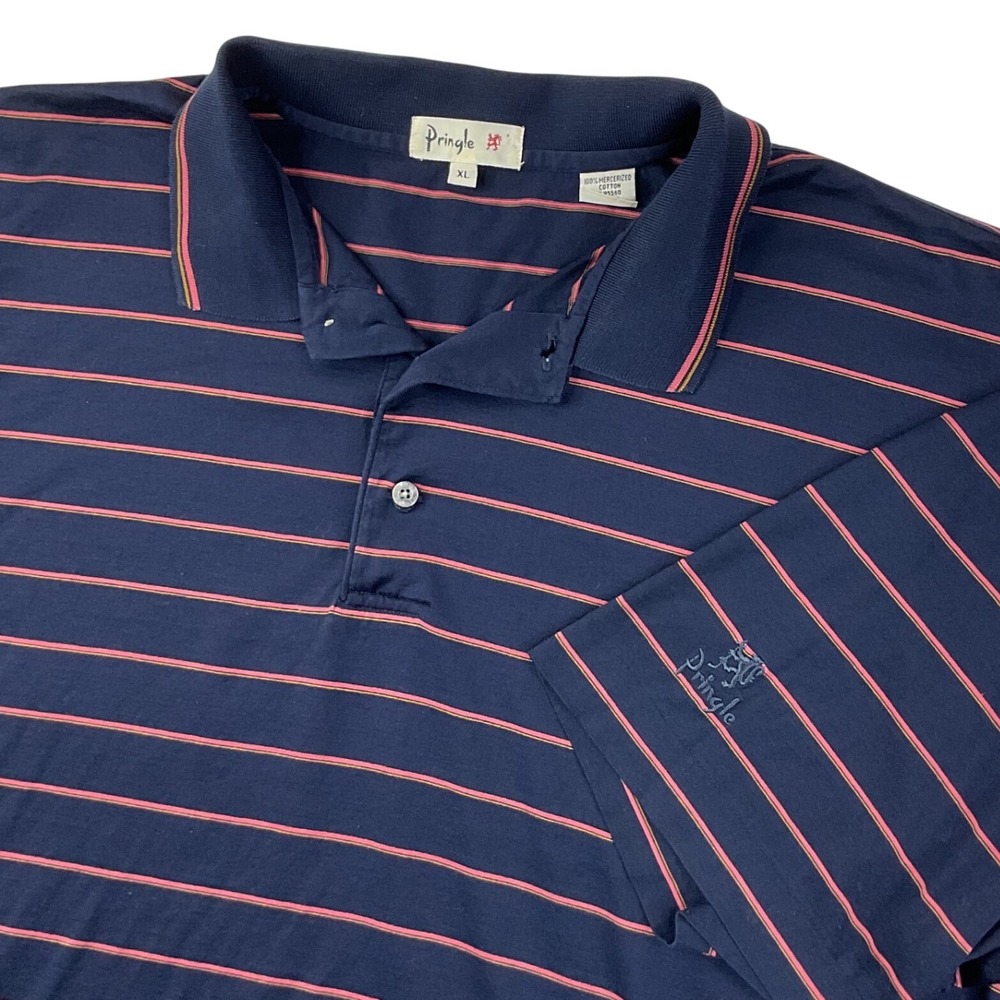 VTG Pringle Mens XL Mercerized Cotton Polo Shirt Blue Pink Striped Short Sleeve